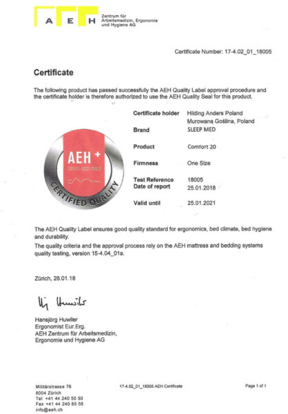 certyfikat AEH materac Comfort SleepMed